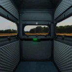 Interior view of a small, soundproof hunting room with foam-padded walls and three rectangular windows overlooking a field—perfect for discreet bow hunting among trees and hay bales. - Michigan Hunting Blinds